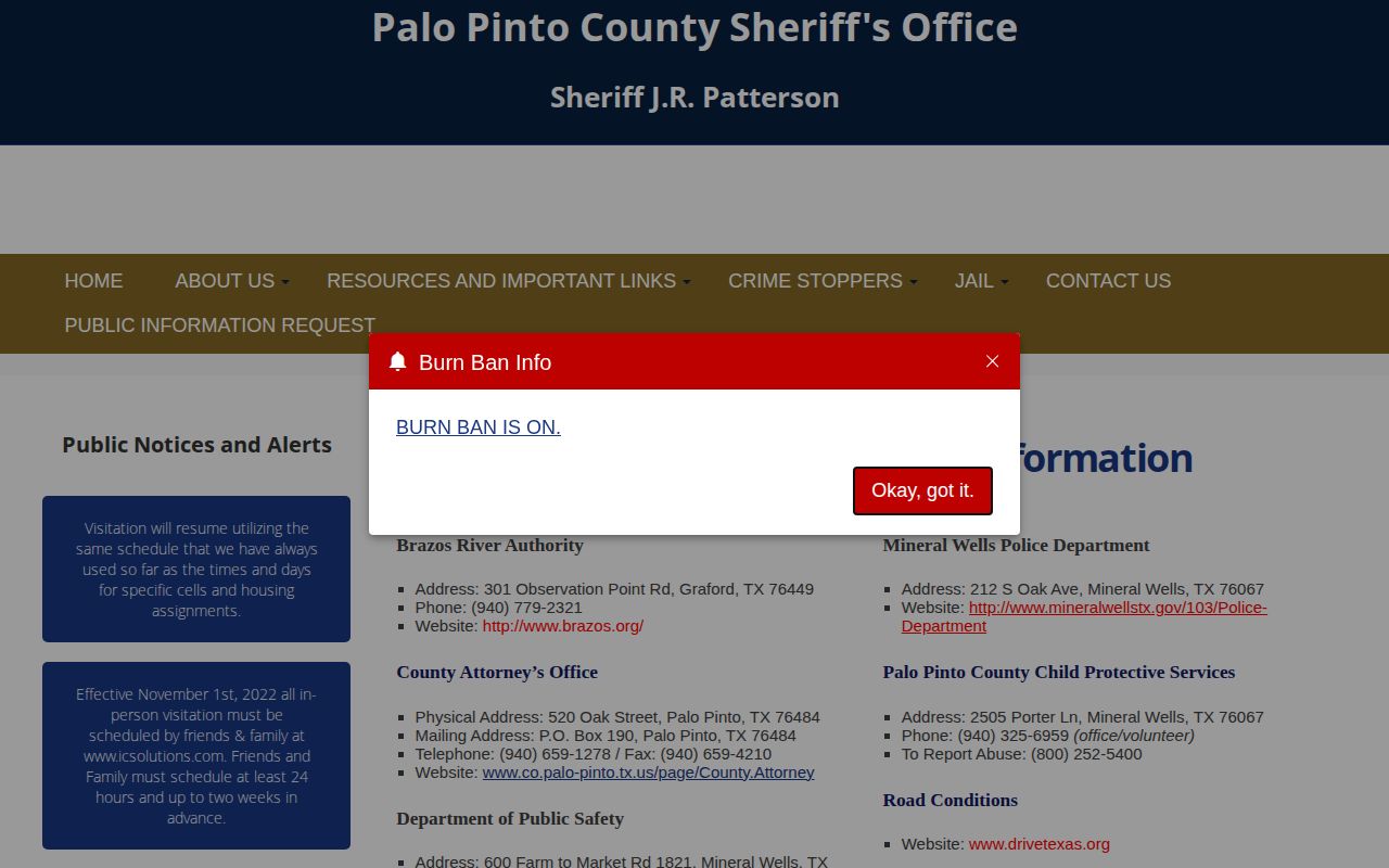 Palo Pinto County sheriff local agencies directory listing Mineral Wells Police
