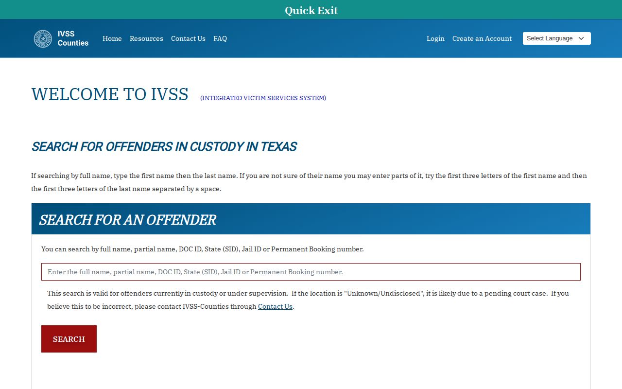Texas IVSS-Counties inmate search fields and custody warning