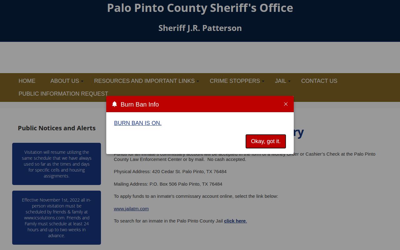 Official Palo Pinto County Jail name and Cedar Street address