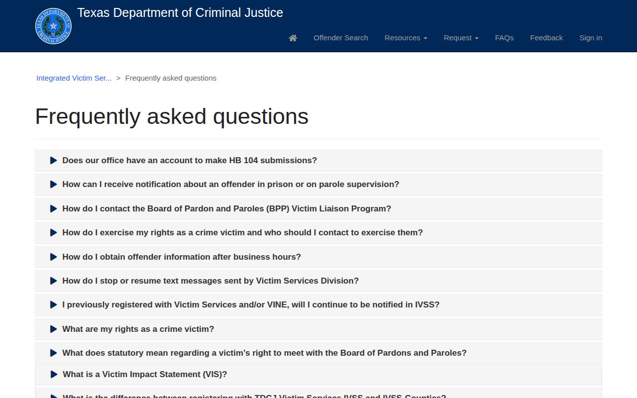 Texas Department of Criminal Justice IVSS frequently asked questions